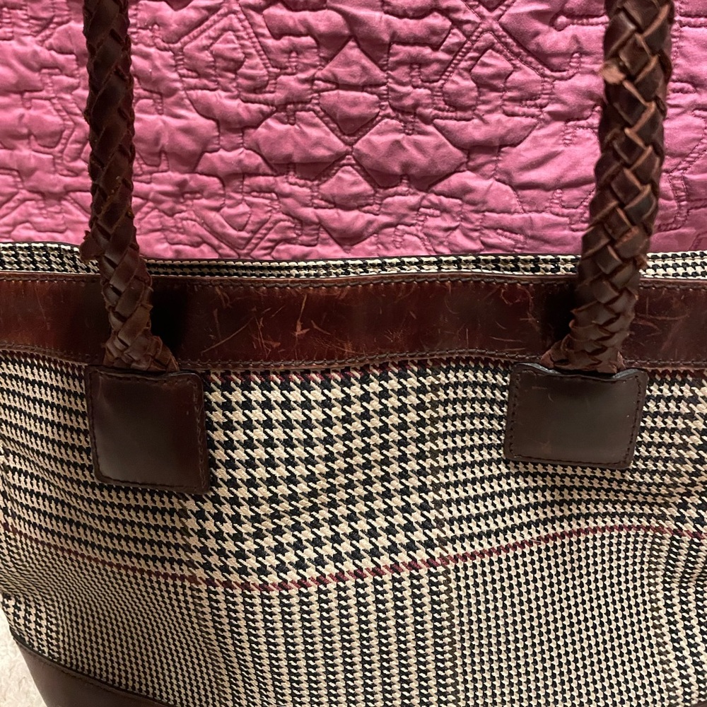 Ralph Lauren Brown Leather & Black/White Houndstooth Shoulder Tote - Picture 4 of 10